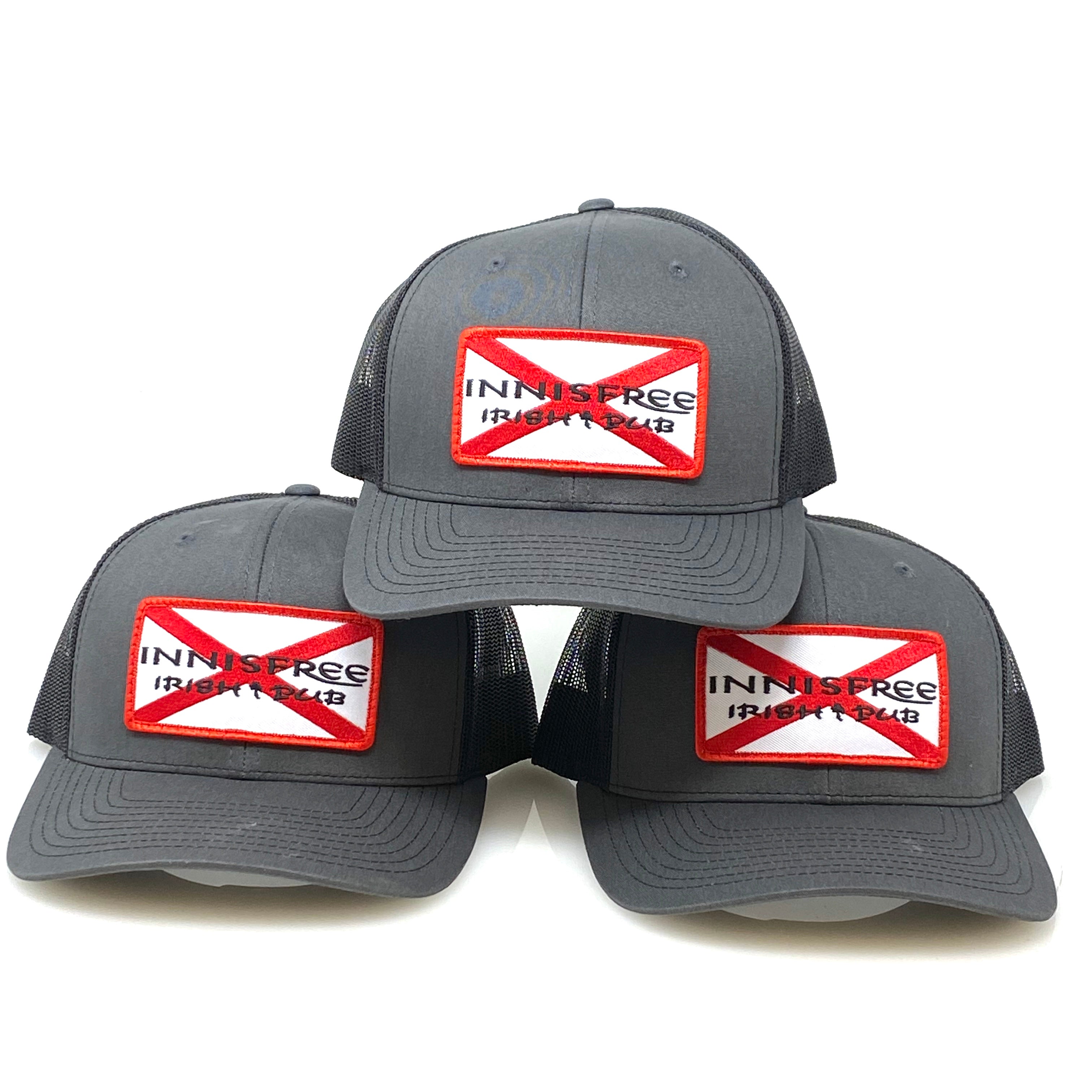 Innisfree Irish Pub custom Alabama state flag patch trucker caps in charcoal, embroidered patches by Presto Embroidery Birmingham AL