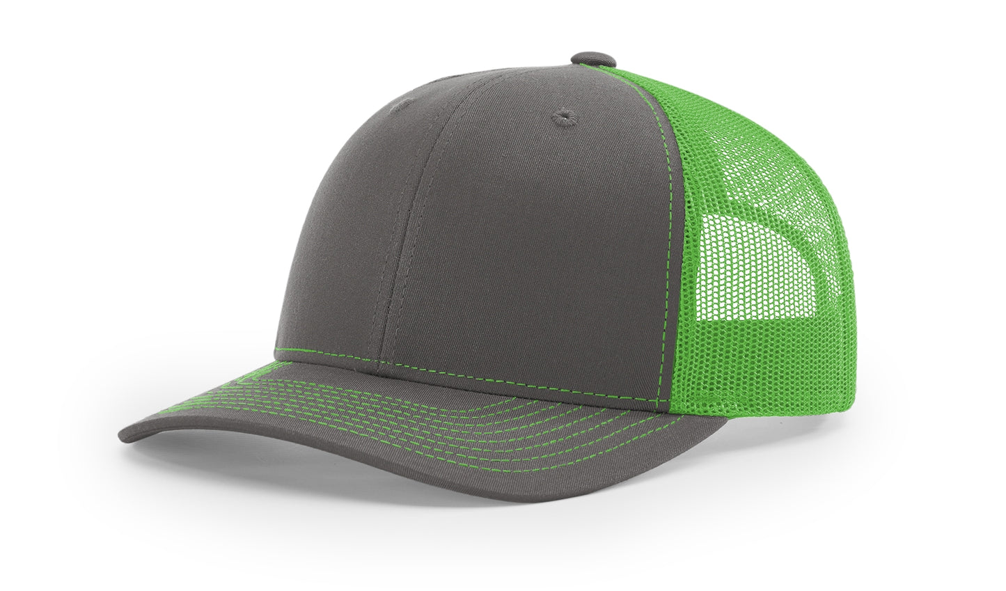 Charcoal and neon green Richardson 112 trucker hat—bold, vibrant colors perfect for custom embroidery and standout branding.