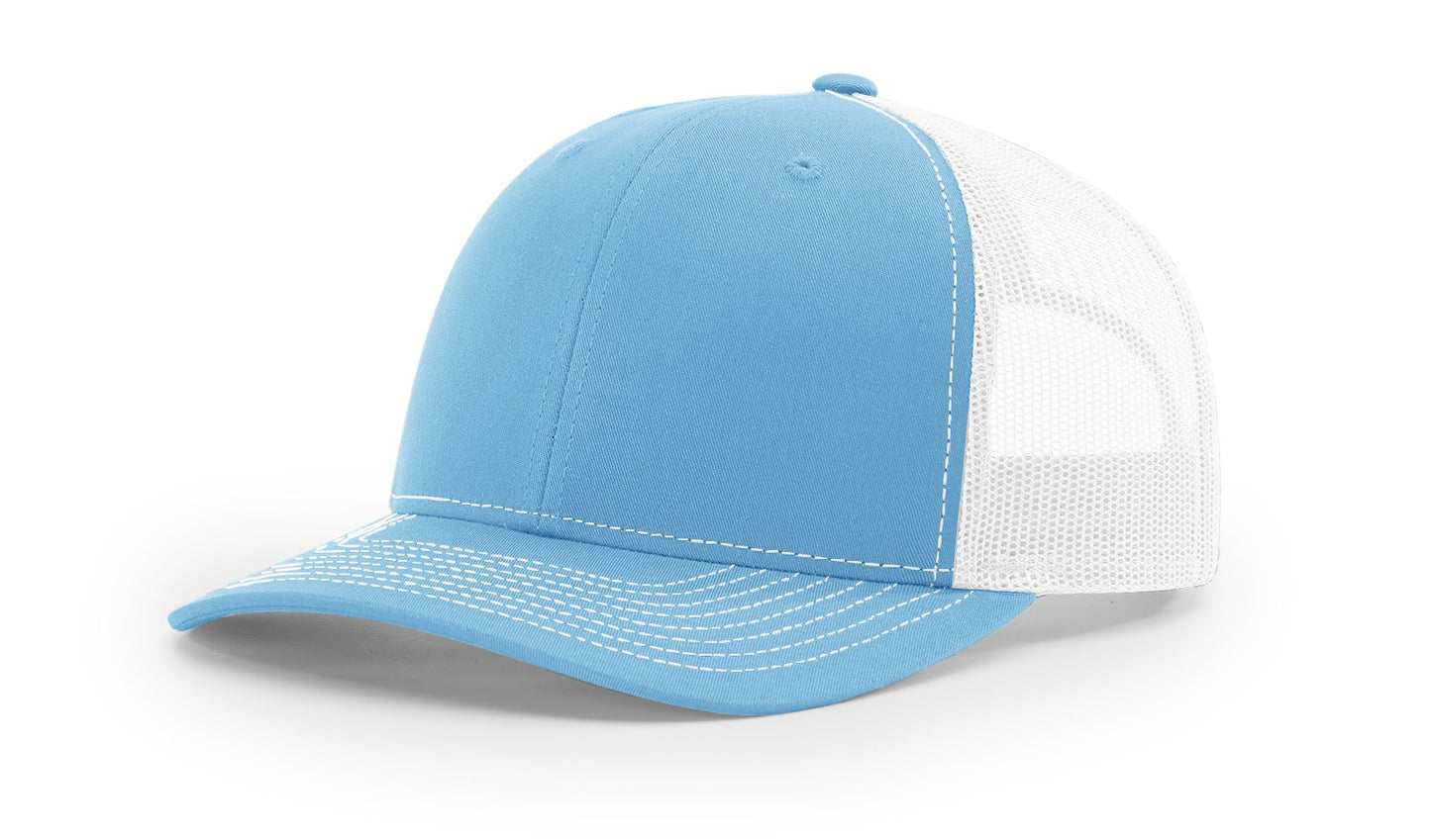 Richardson 112 Trucker Hat in Columbia Blue and White with structured front, mesh back, pre-curved visor, and adjustable snapback closure.