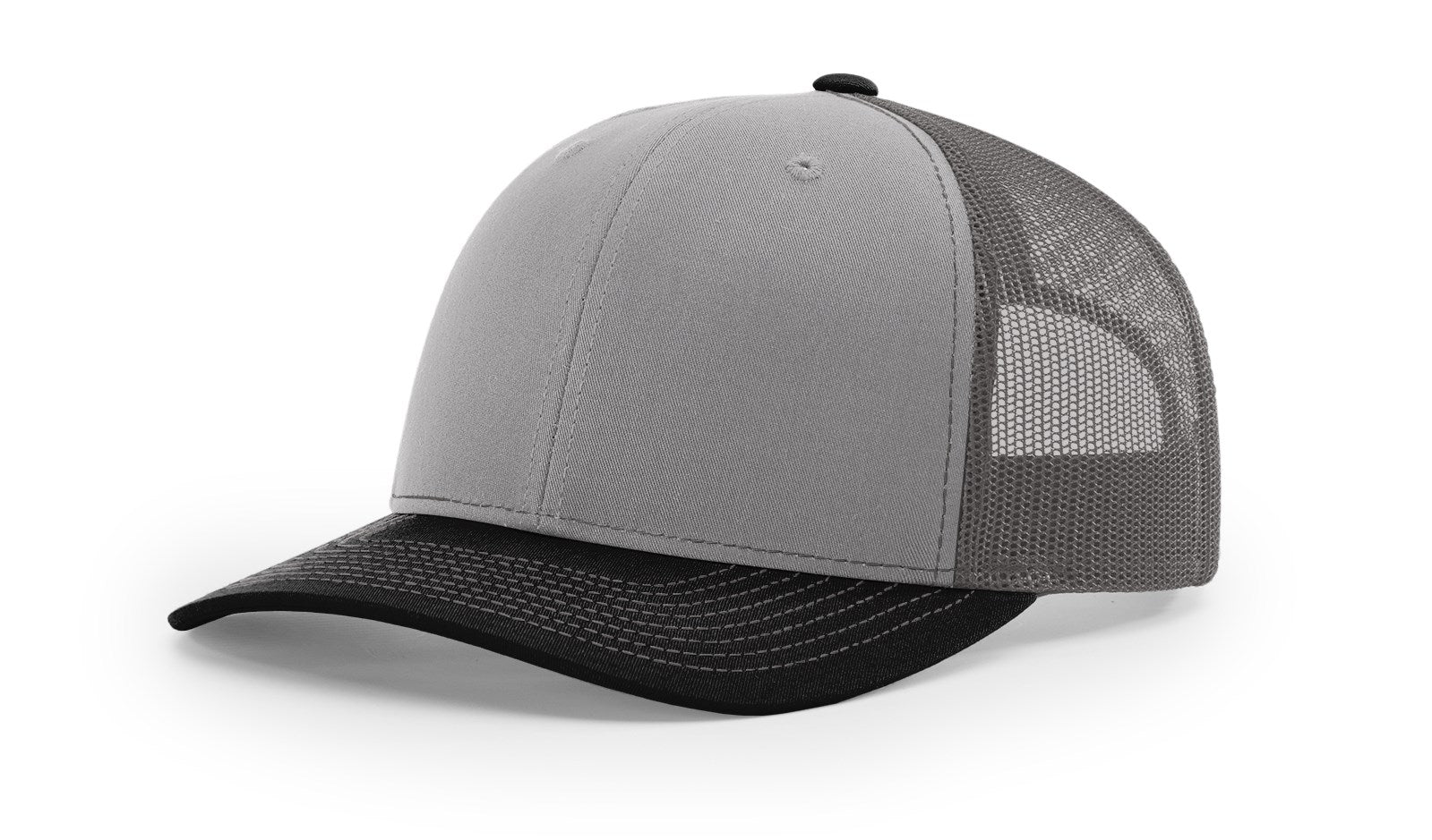 Richardson 112 Trucker Hat in Grey, Charcoal, and Black tri-color with structured front, mesh back, and adjustable snapback closure.