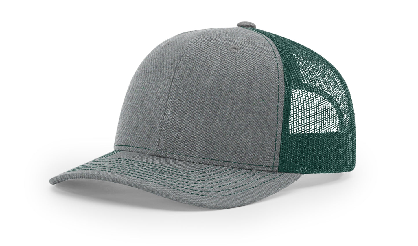 Richardson 112 Trucker Hat in Heather Grey and Dark Green with structured front, mesh back, pre-curved visor, and snapback closure.