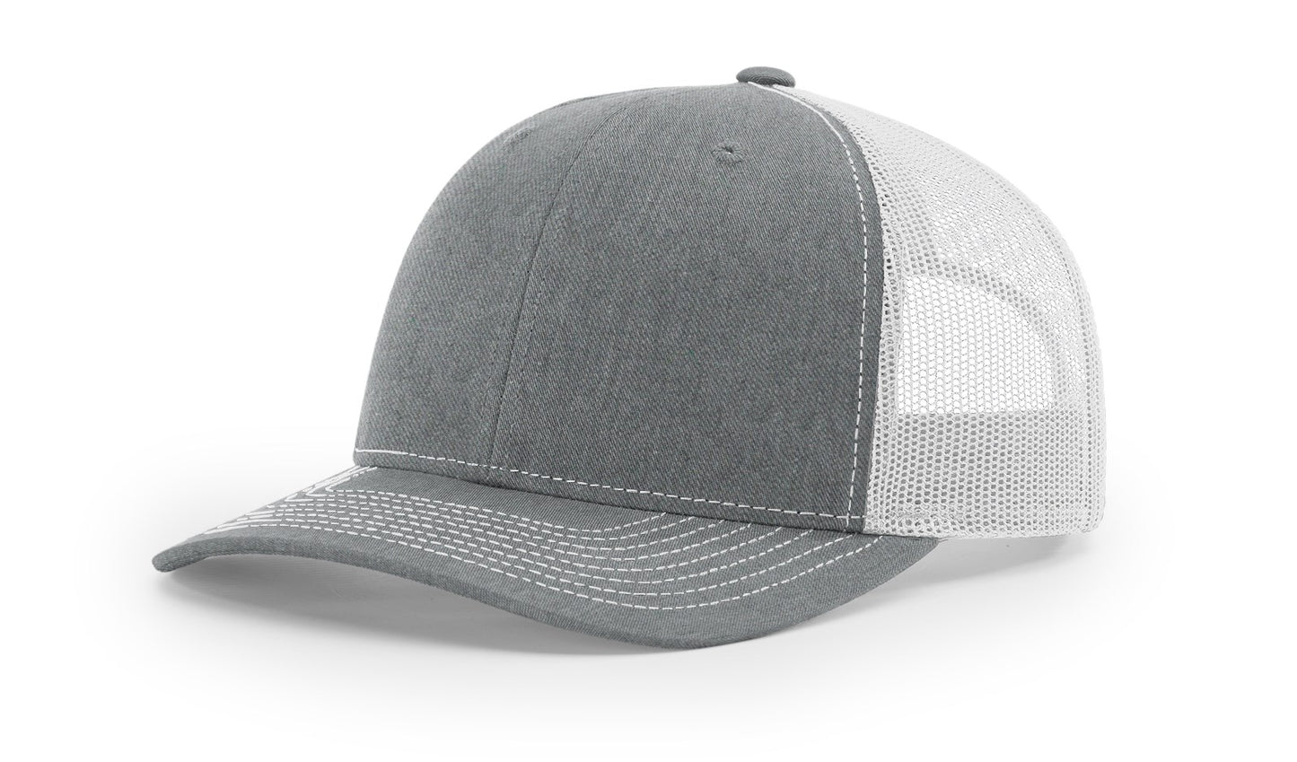 Richardson 112 Trucker Hat in Heather Grey and Light Grey with structured front, mesh back, curved visor, and snapback closure.