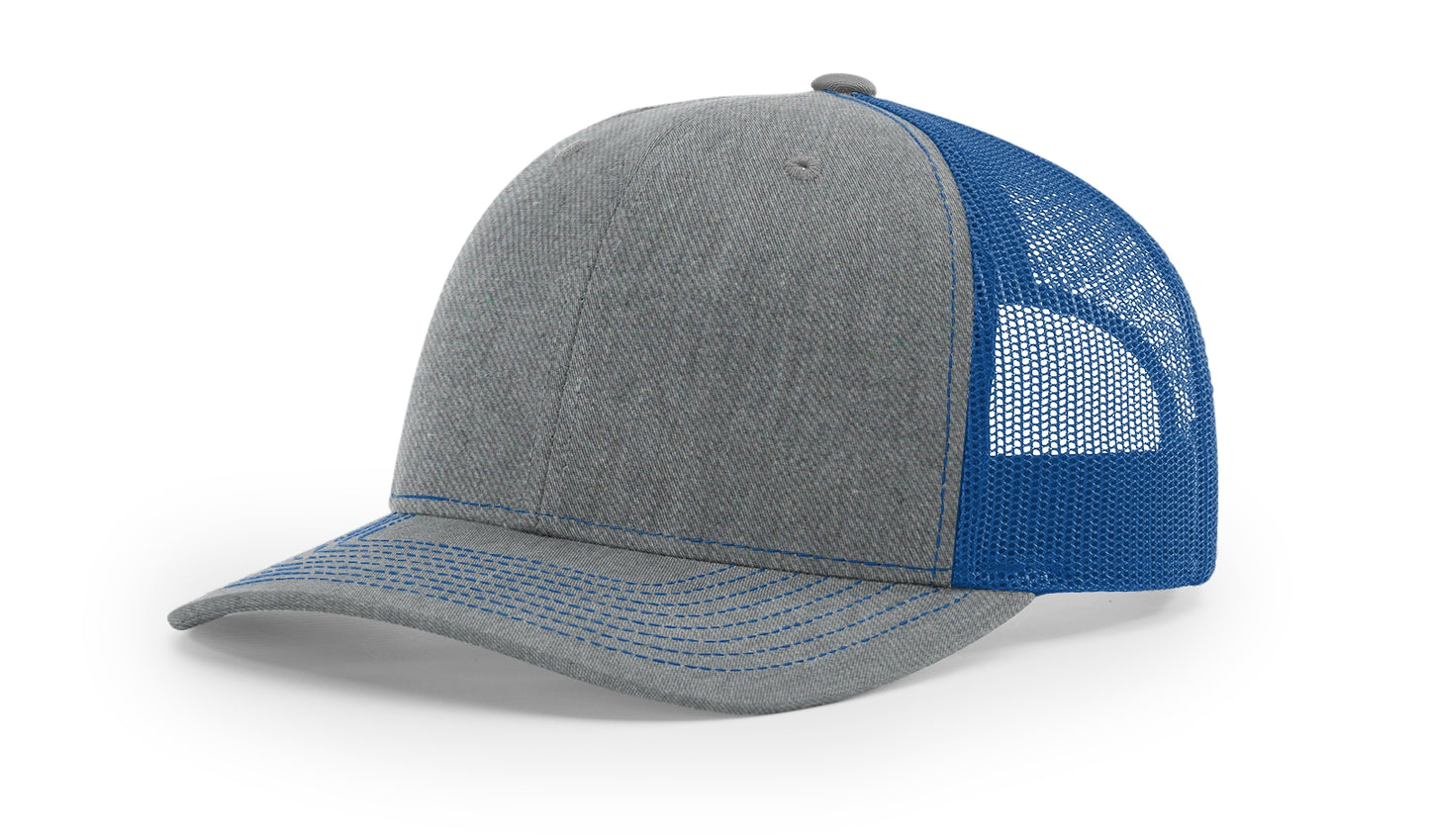 Richardson 112 Trucker Hat in Heather Grey and Royal Blue with structured front, mesh back, pre-curved visor, and snapback closure