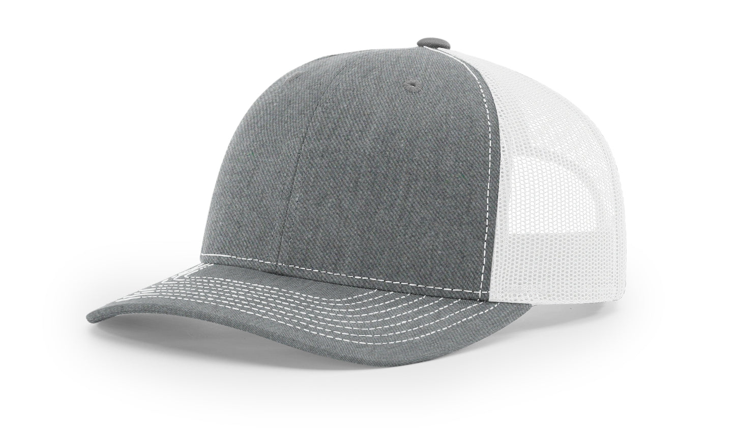 Richardson 112 Trucker Hat in Heather Grey and White with structured front, mesh back, pre-curved visor, and adjustable snapback closure.