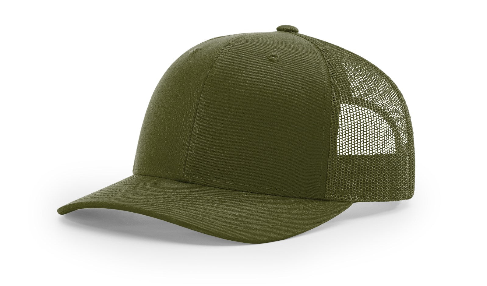 Richardson 112 Trucker Hat in Loden Green with structured front, mesh back, pre-curved visor, and adjustable snapback closure.