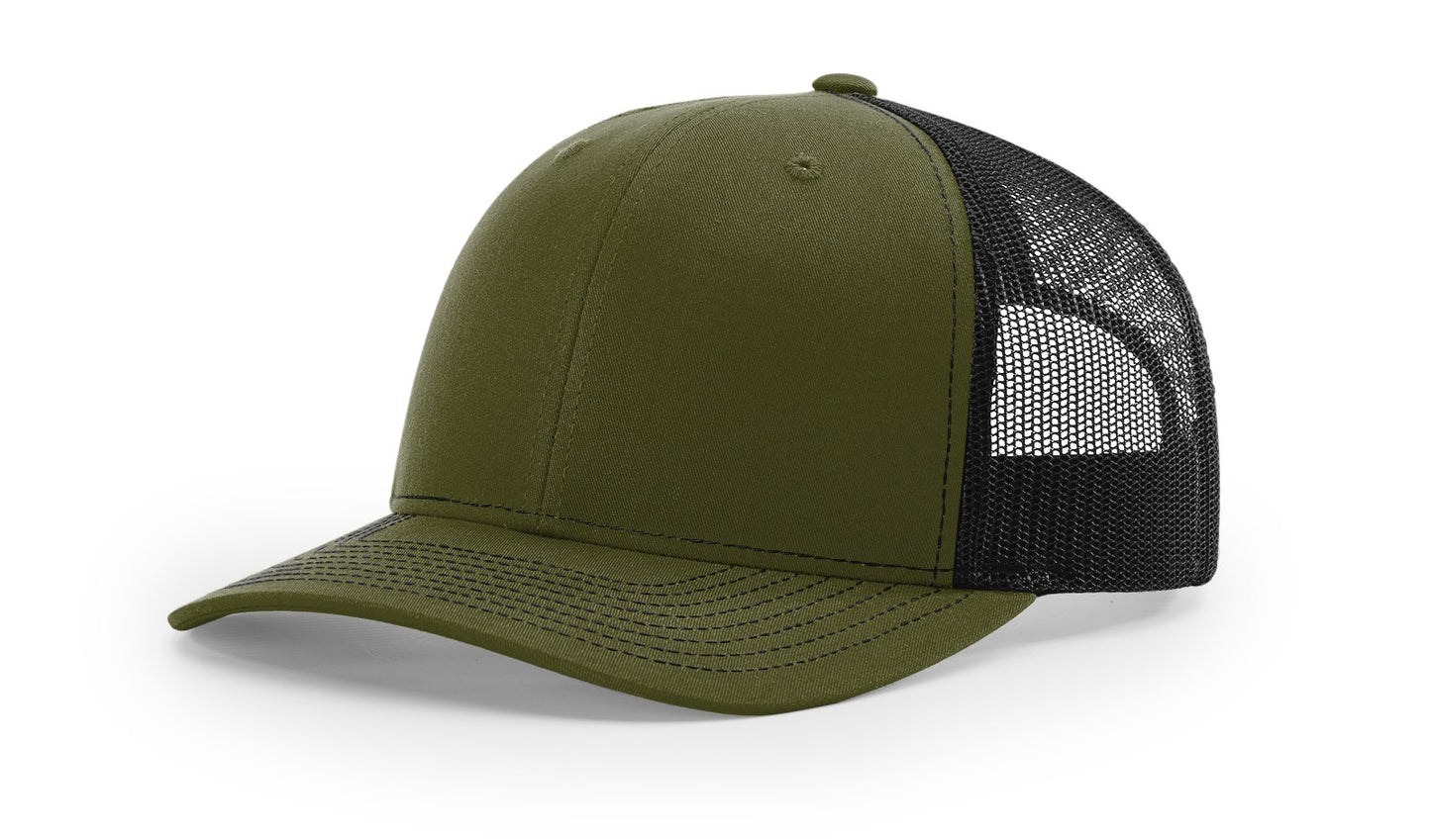 Richardson 112 Trucker Hat in Loden Green and Black with structured front, mesh back, pre-curved visor, and adjustable snapback closure.