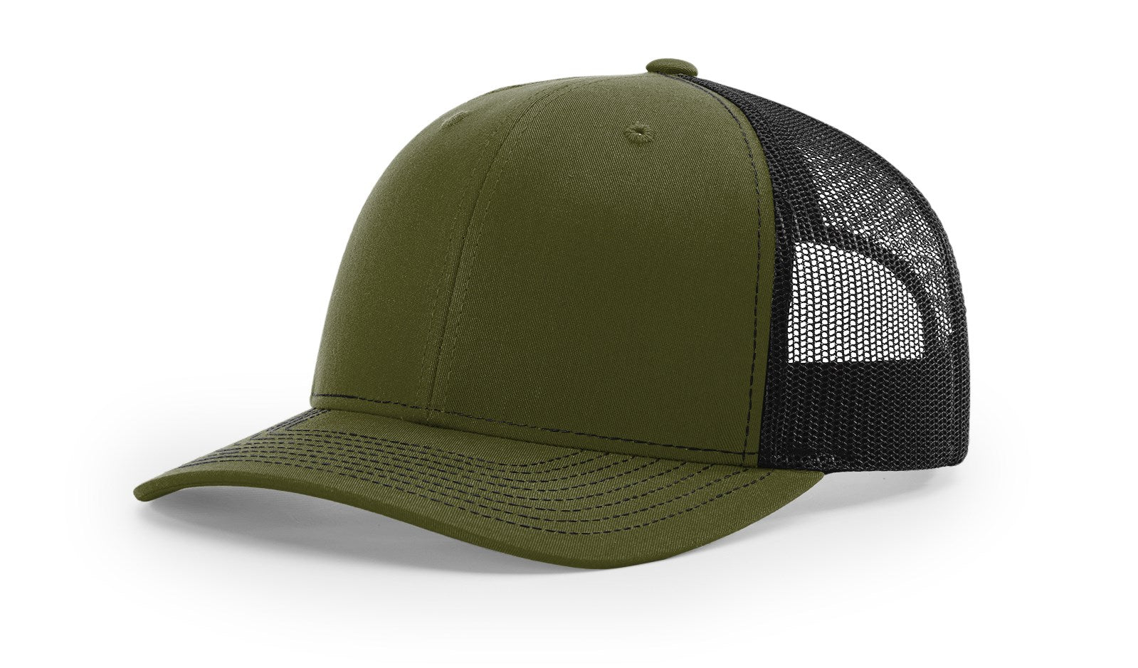 Richardson 112 Trucker Hat in Loden Green and Black with structured front, mesh back, pre-curved visor, and adjustable snapback closure.
