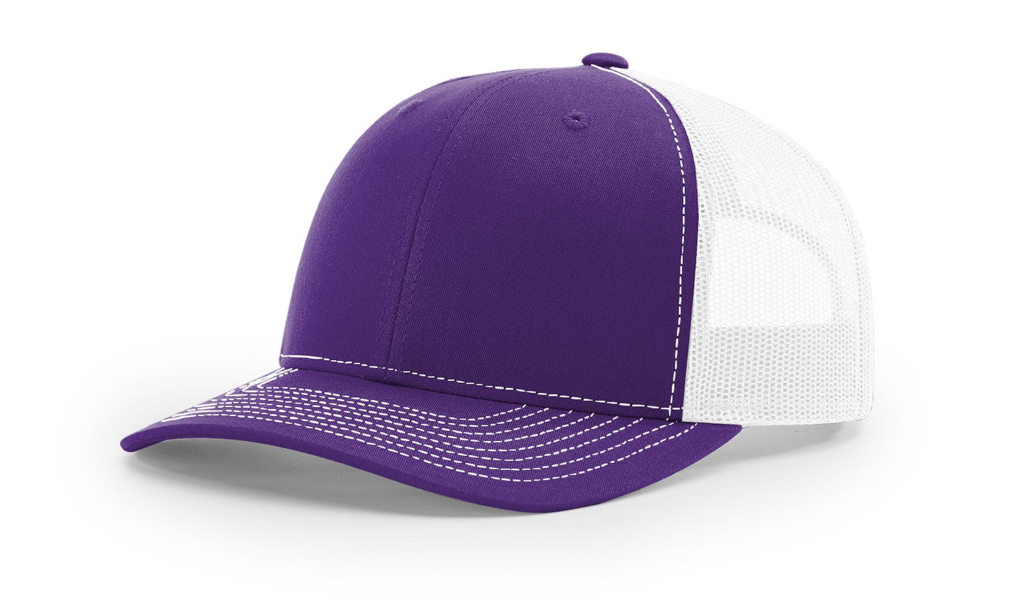 Richardson 112 Trucker Hat in Purple and White with structured front, mesh back, pre-curved visor, and adjustable snapback closure.