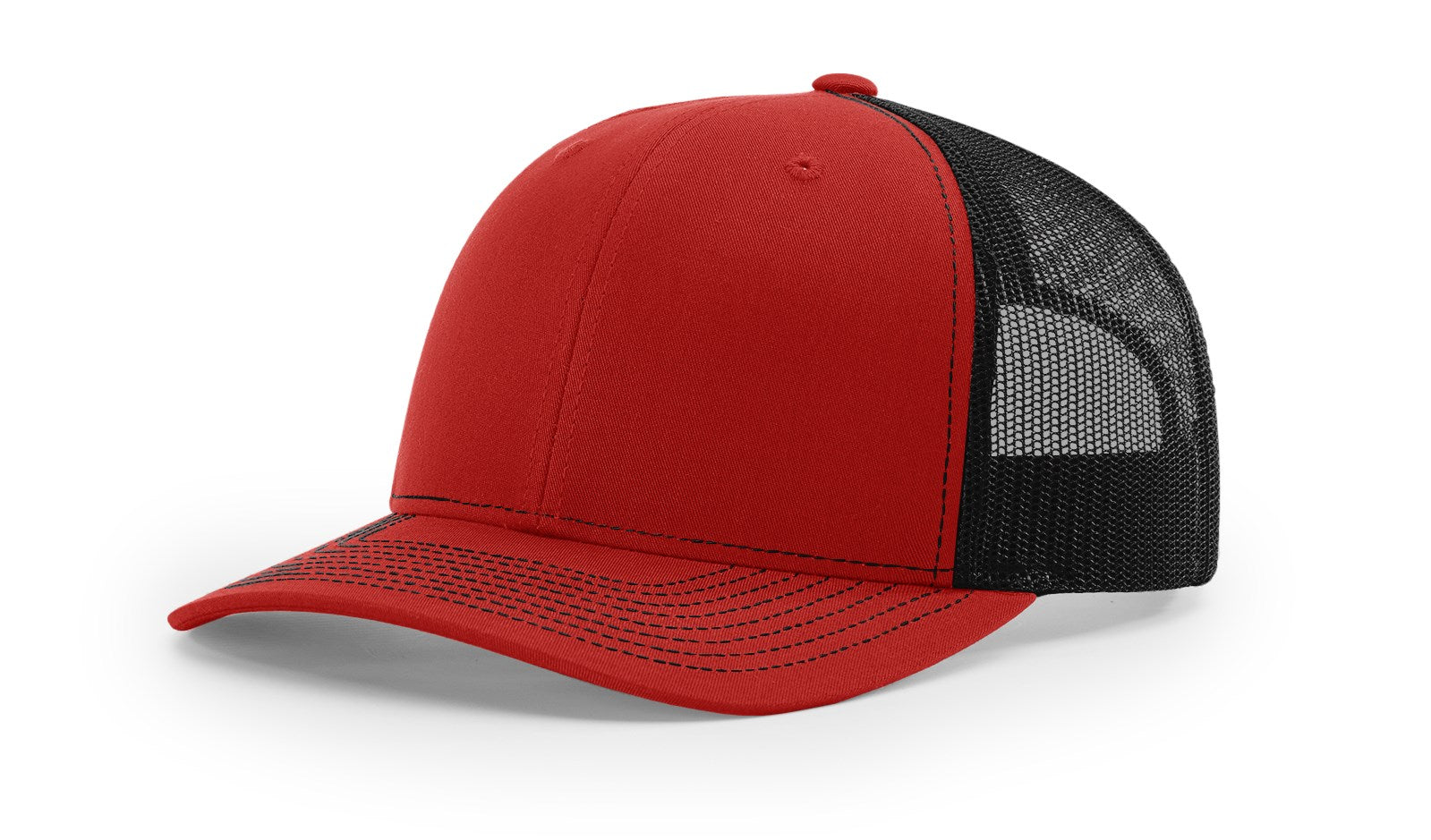 Richardson 112 Trucker Hat in Red and Black with structured front, mesh back, pre-curved visor, and adjustable snapback closure.