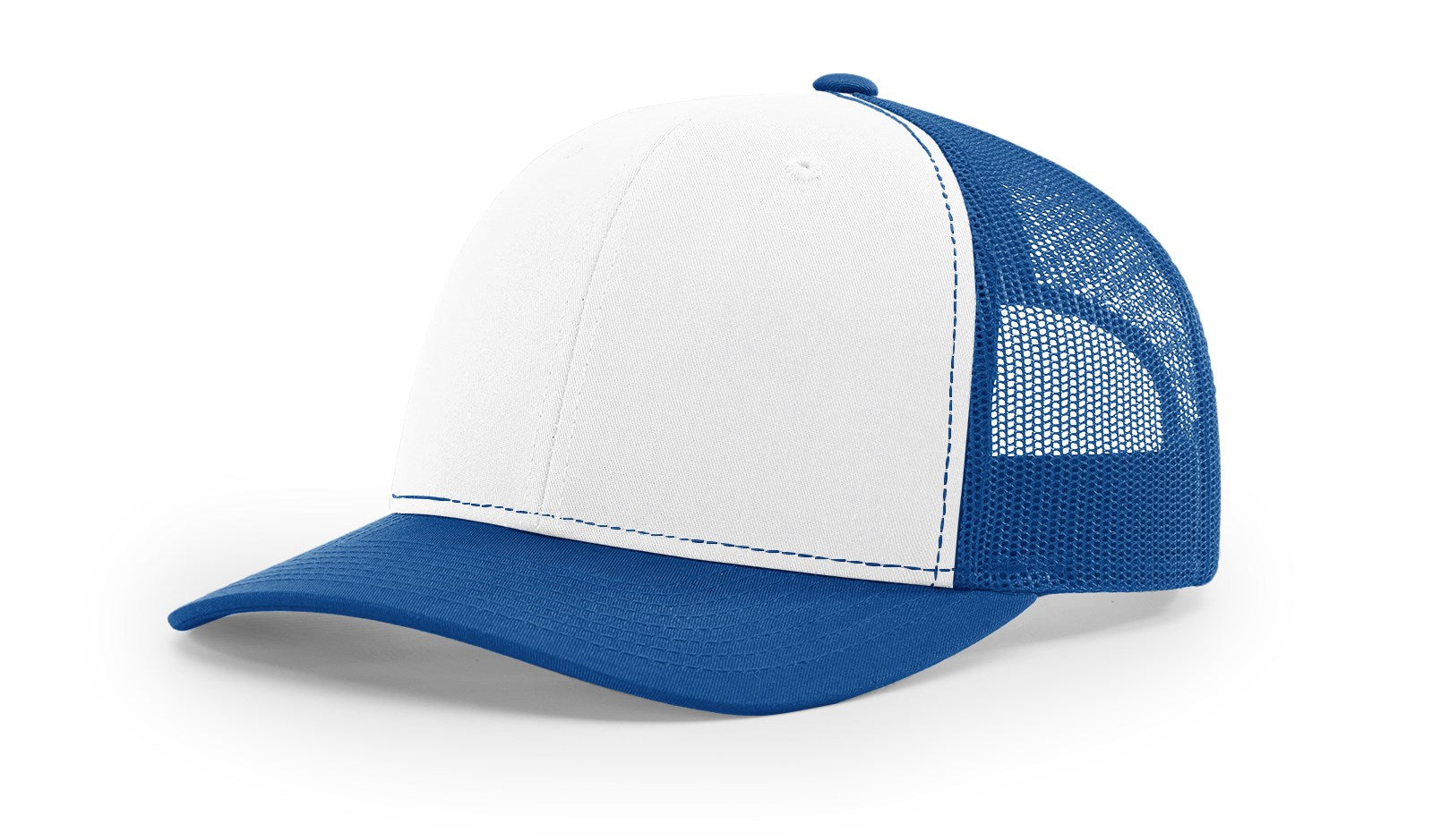 Richardson 112 Trucker Hat in White and Royal Blue with structured front, mesh back, pre-curved visor, and adjustable snapback closure.