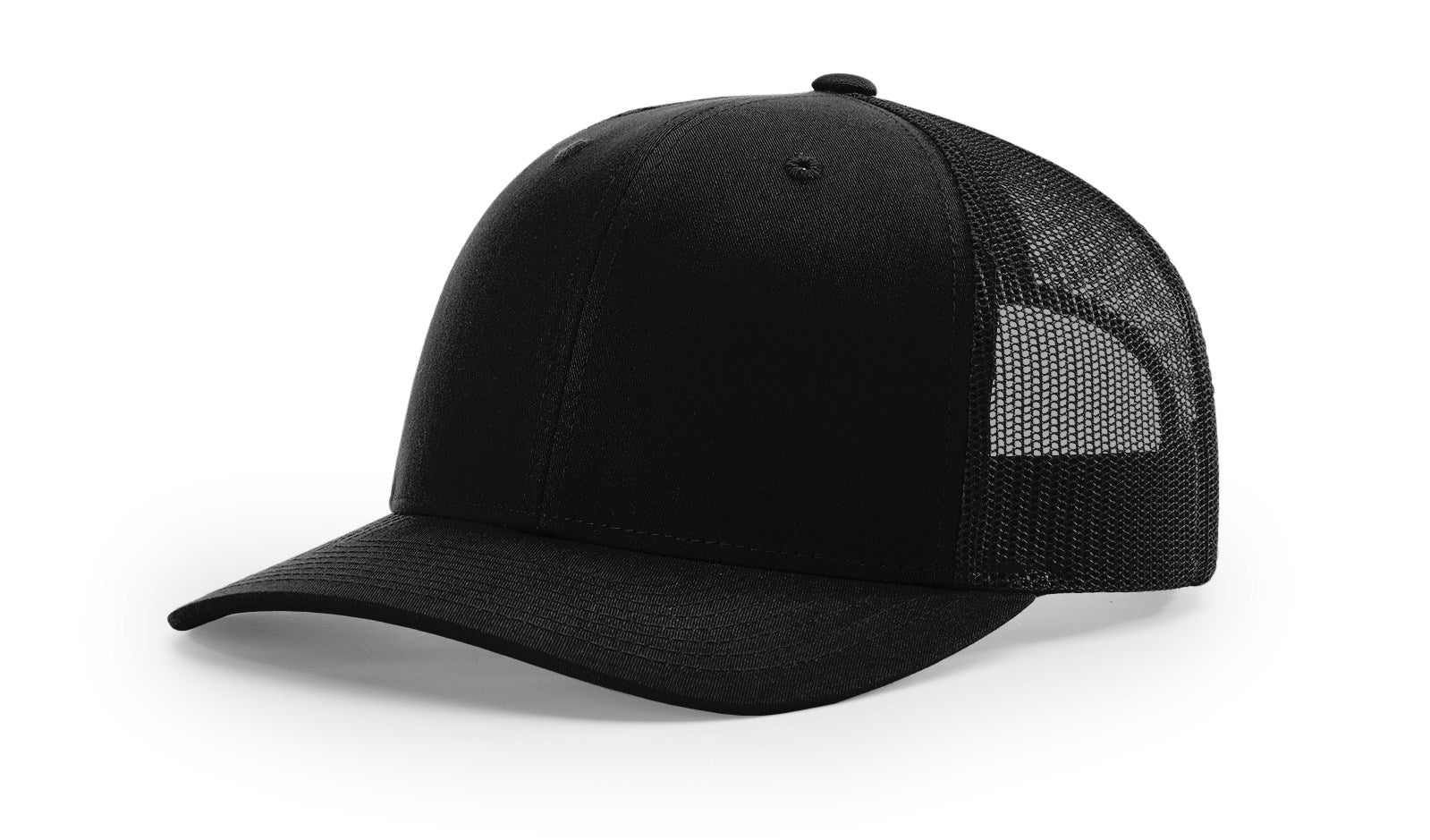 Classic Richardson 112 solid black trucker hat with structured foam front panel — ideal surface for custom logo embroidery by Presto Embroidery
