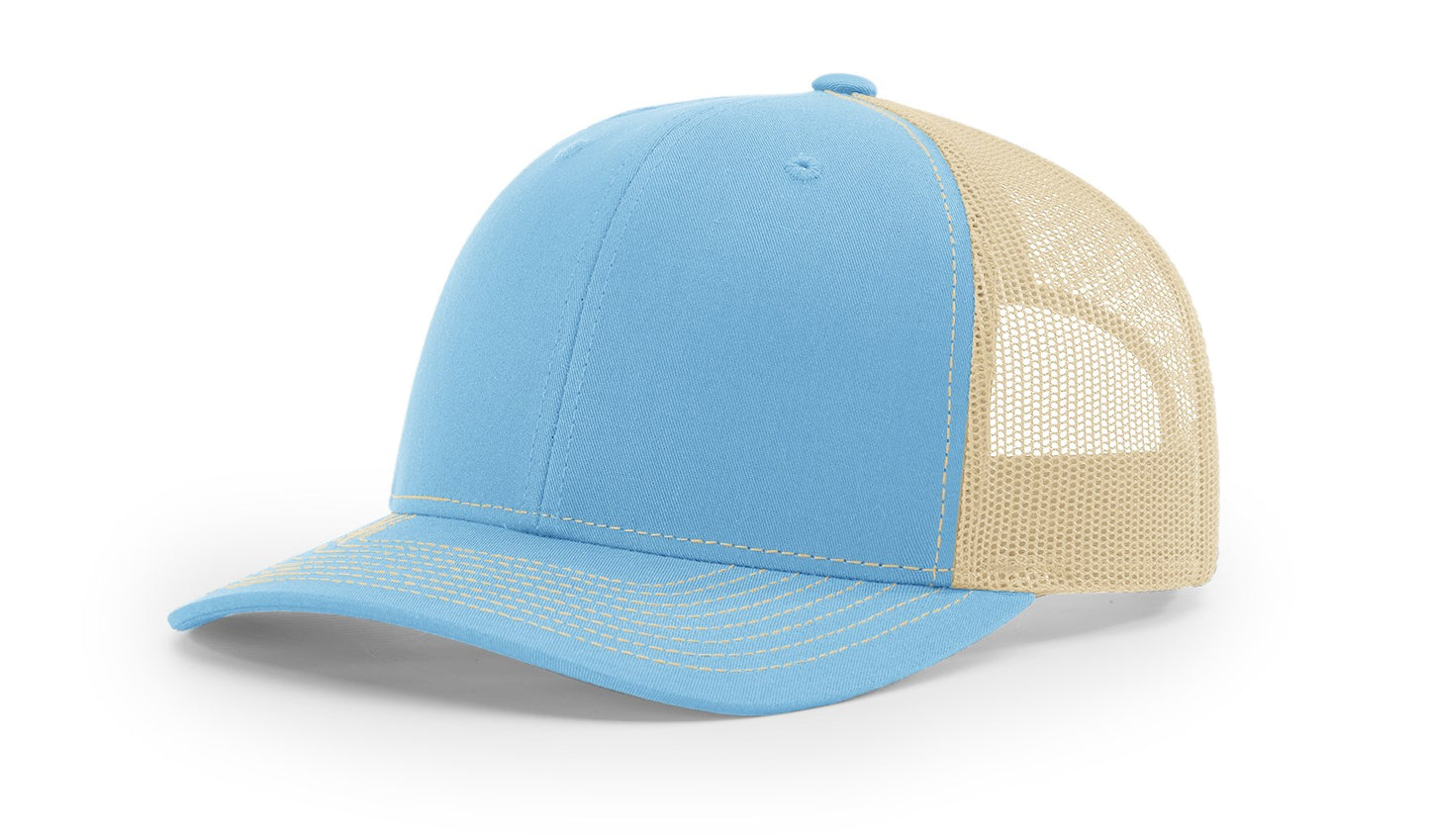 Richardson 112 trucker hat in Columbia Blue and Khaki with mesh back, snapback closure, pre-curved visor, and structured front panels.