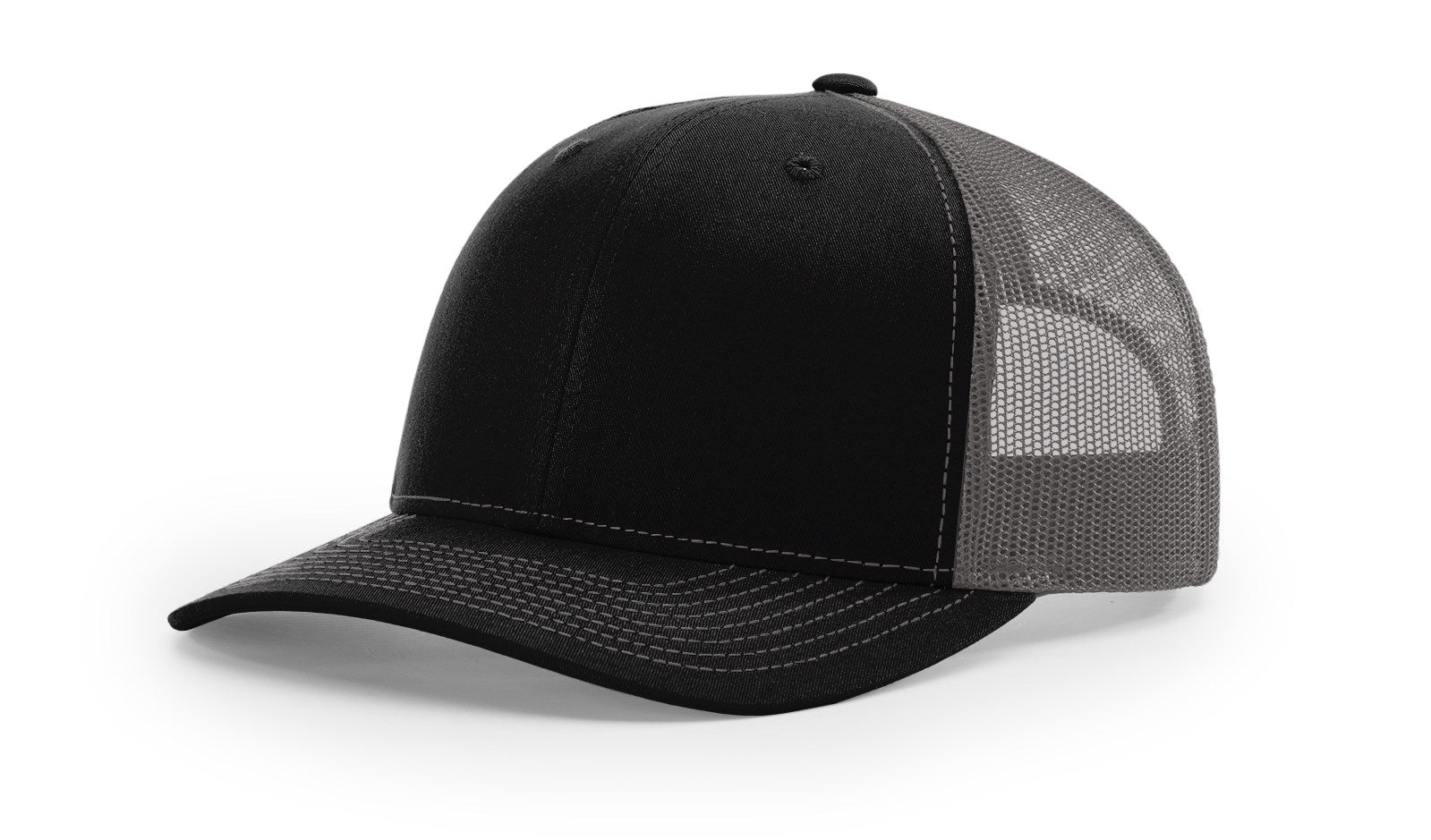 Richardson 112 trucker hat in black and charcoal grey — a popular choice for teams, businesses, and branded merchandise orders at Presto Embroidery