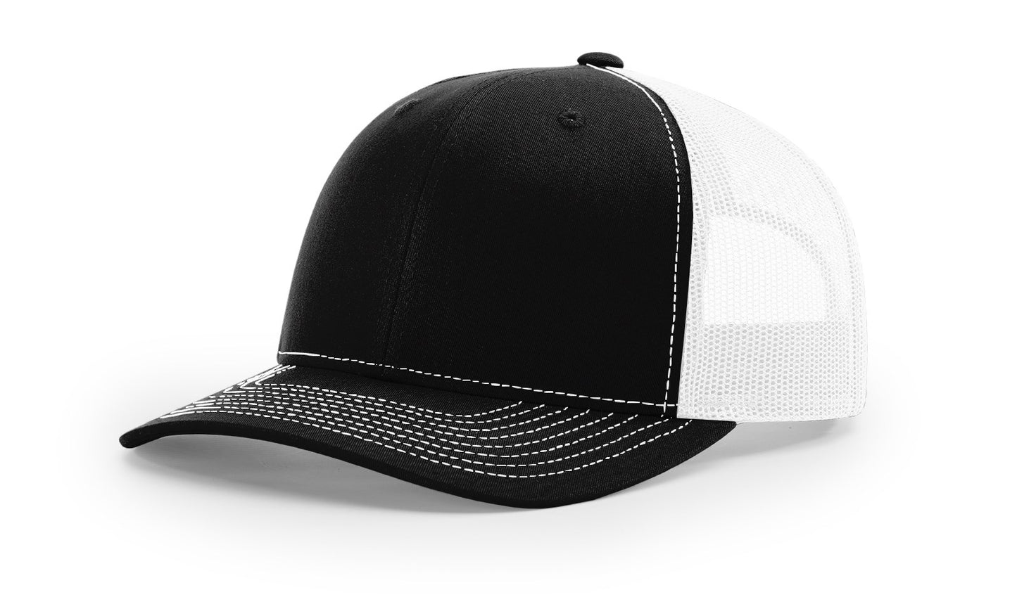 Richardson 112 trucker hat in black and white with breathable mesh—perfect canvas for custom logos or everyday casual wear.