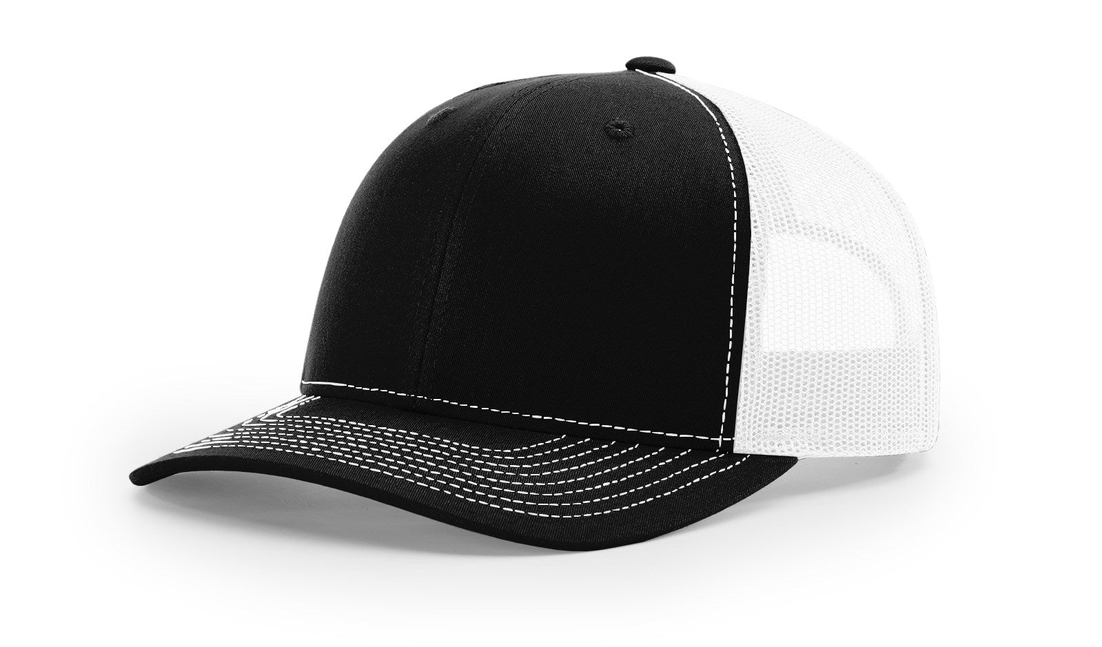 Richardson 112 trucker hat in black and white with breathable mesh—perfect canvas for custom logos or everyday casual wear.