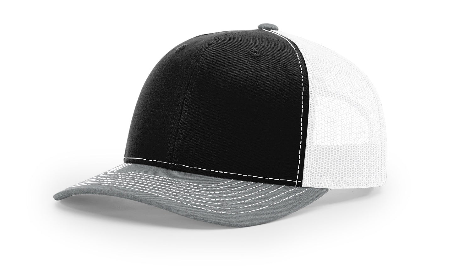 Richardson 112 trucker hat in black, white, and heather grey—classic, versatile style perfect for custom embroidery or casual wear.