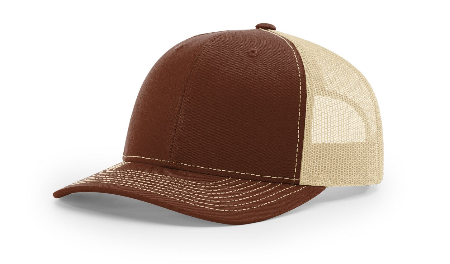 Richardson 112 trucker hat in brown and khaki with a mesh back—perfect for custom embroidery or adding a rustic touch to any outfit.