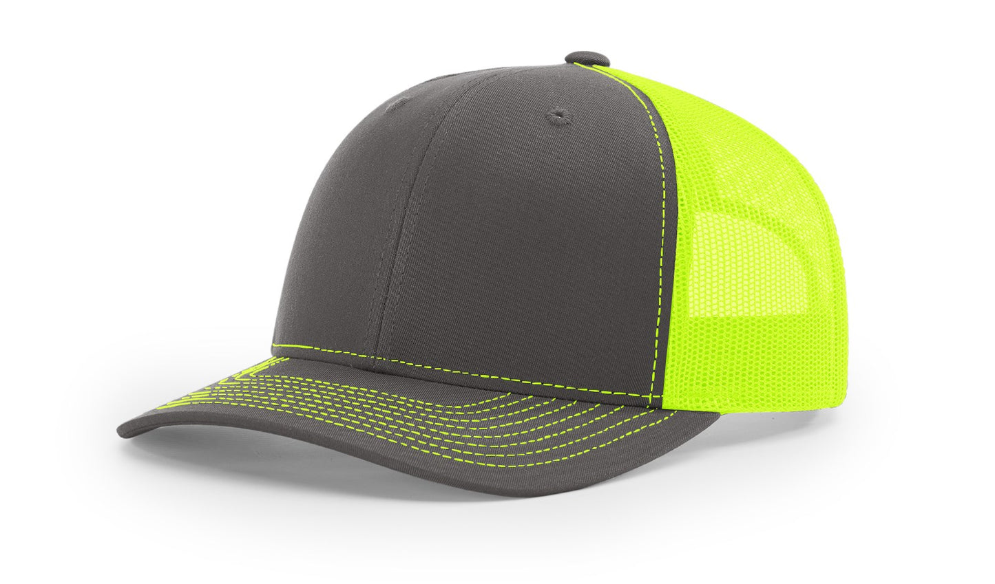 Richardson 112 trucker hat in charcoal and Royal Green , combining modern style with bold color accents—perfect for custom embroidery.
