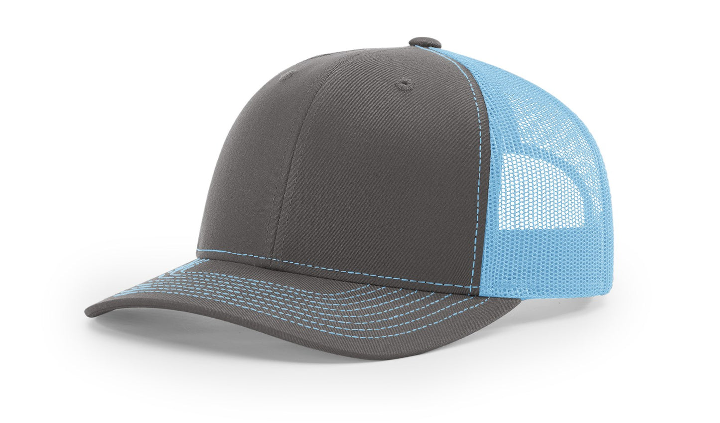 Richardson 112 trucker hat in charcoal and copper, combining sleek style with a pop of color—perfect for custom embroidery and branding.