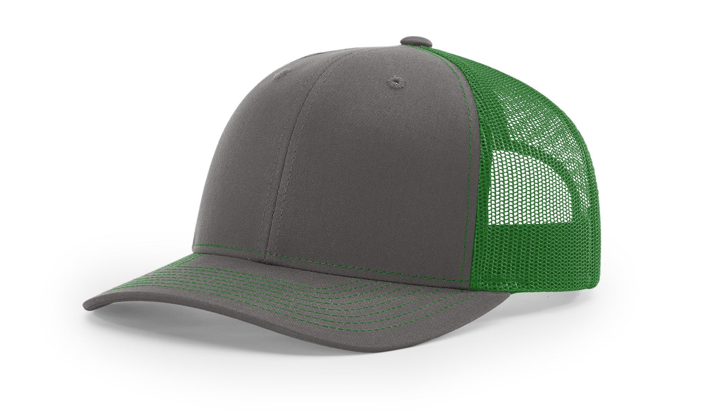 Richardson 112 trucker hat in charcoal and khaki green, offering a versatile and stylish look—perfect for custom embroidery or casual wear.