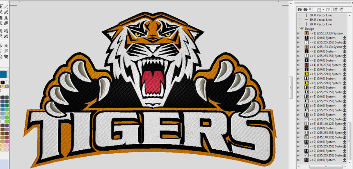 Digitized Tigers logo for embroidery – example of custom logo digitizing service